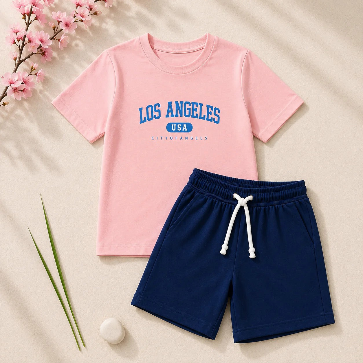 Boys Peach & Navy T-Shirt & Shorts Set