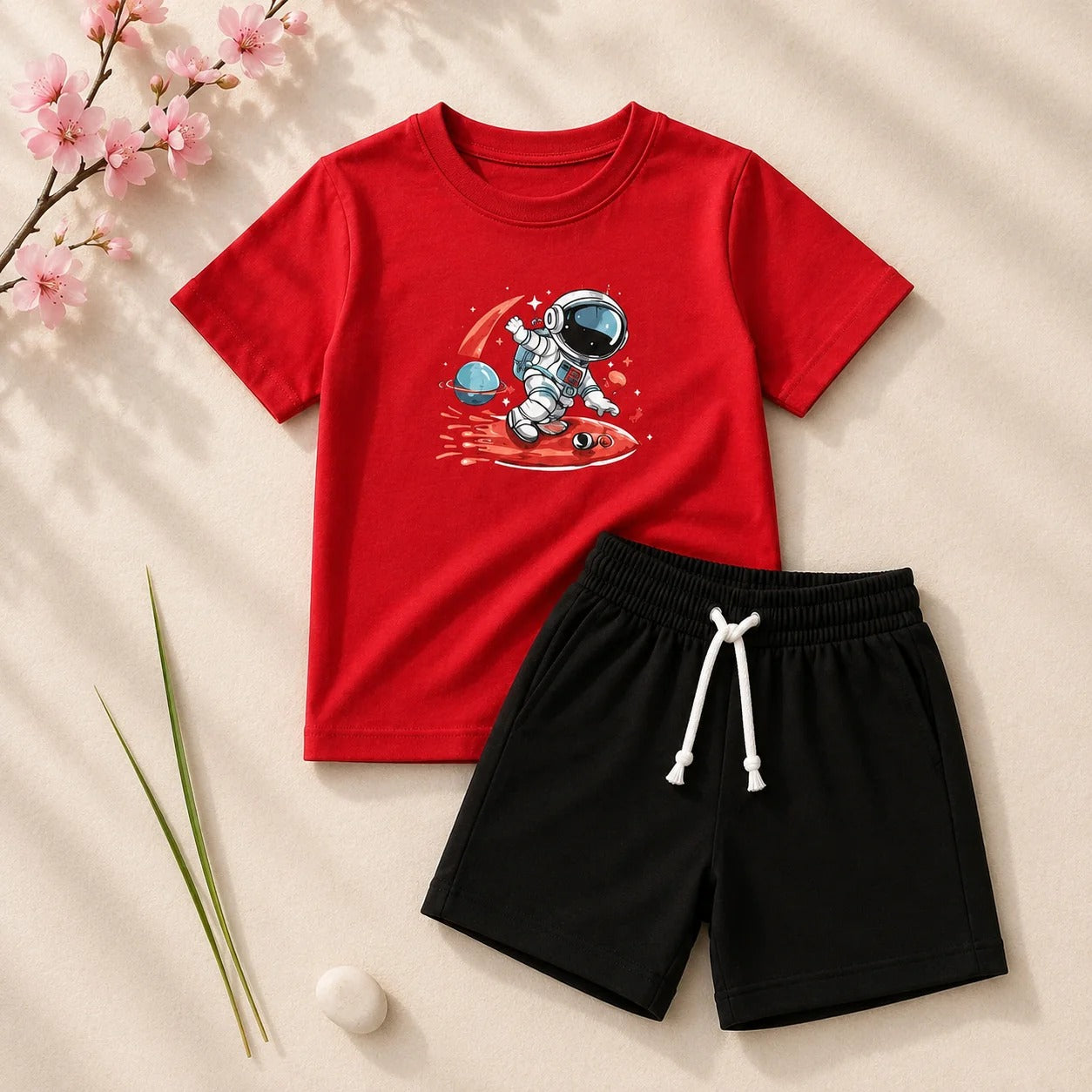 Boys Red & Black T-Shirt & Shorts Set