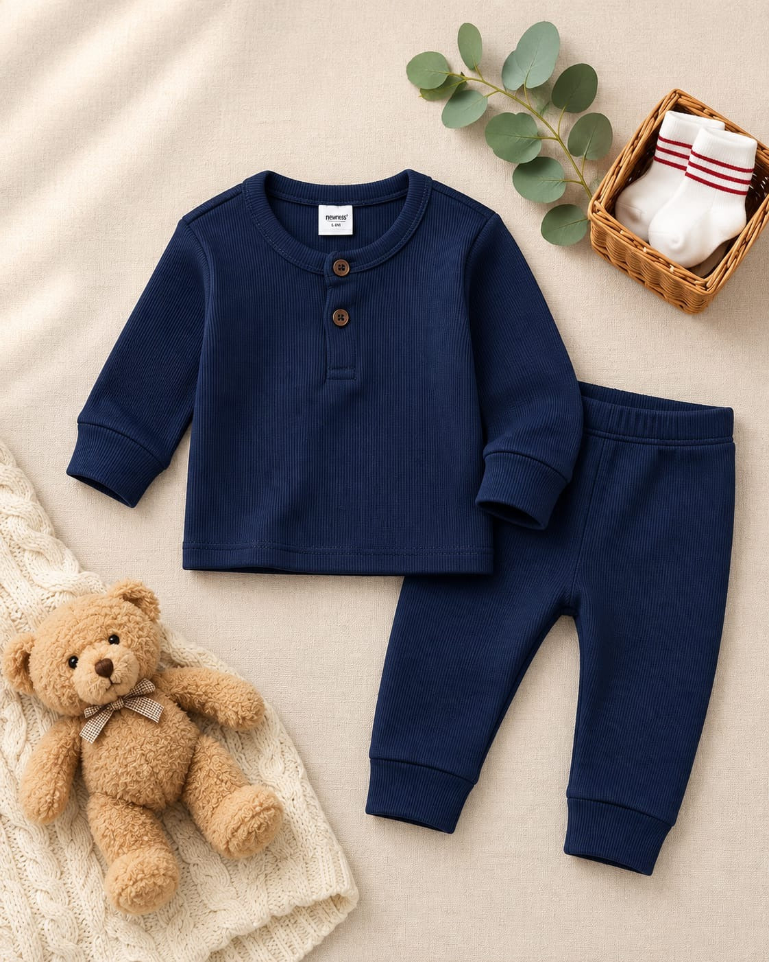 Round Neck Style Ribbed Knit Basic Set - Midnight Navy Blue