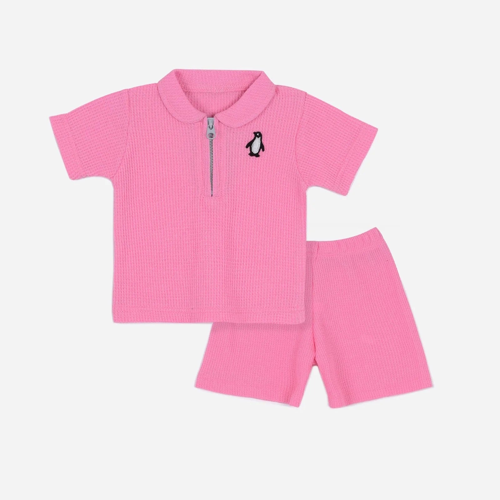 Waffle Textured Polo Sets-Pink